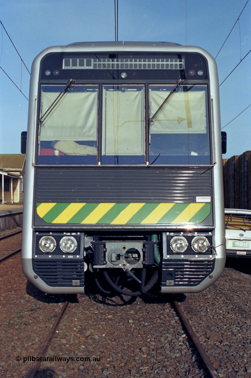 128-32
Nar Nar Goon, 4D (Double Deck Development and Demonstration), double deck suburban electric set, testing phase, cab front.
Keywords: 4D;Double-Deck-Development-Demonstration-train;Goninan-NSW;Tangara;