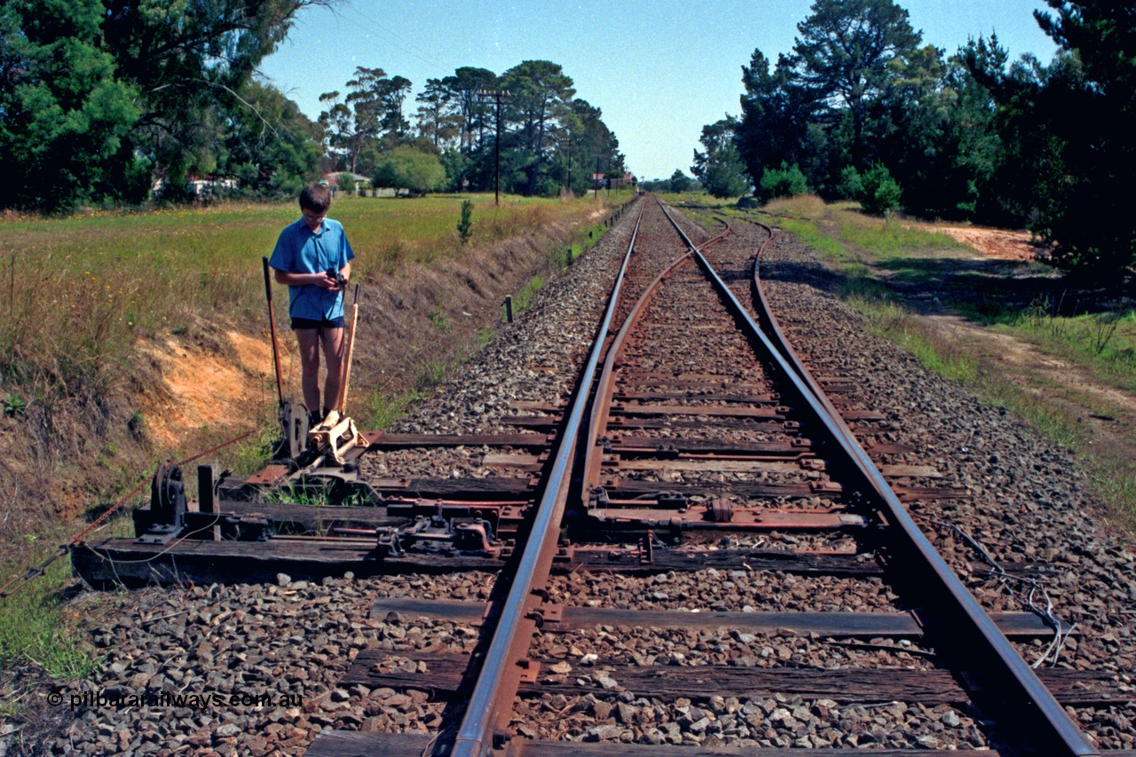 129-2-02
Lang Lang yard overview, looking up towards Melbourne from up end points, point and signal levers and interlocking.
