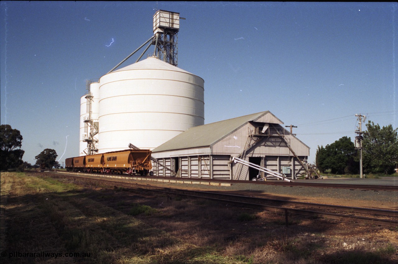 130-03
Elmore, silo complex, Ascom Jumbo silos 1 and 3 and Victorian Oat Pool shed 4, V/Line Grain bogie grain waggons, looking south.
