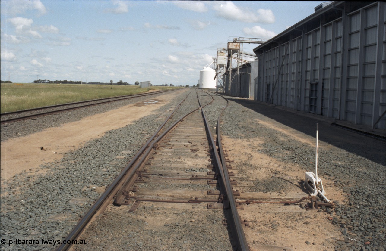 131-2-15
Caldwell track view, rice storage sheds, Ascom silo complex in the background, points and point lever, loading spouts.
