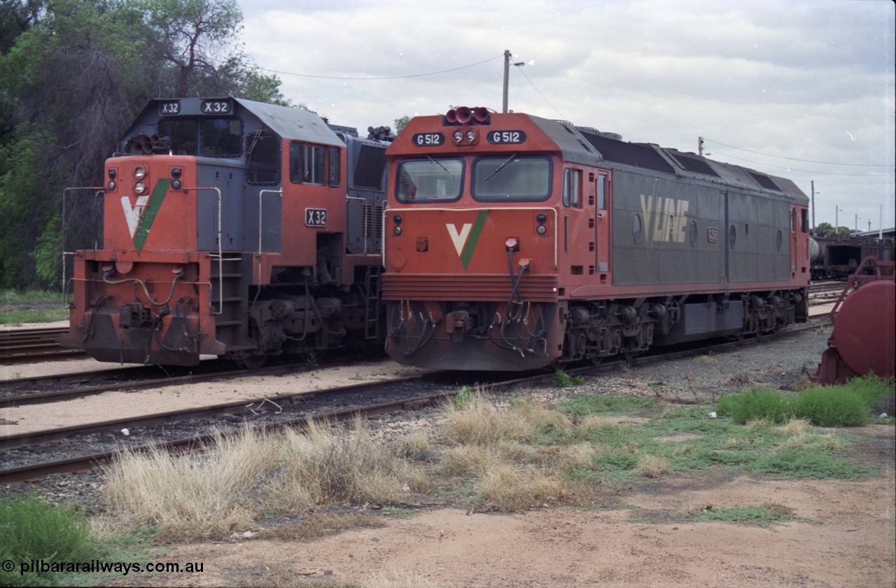 132-16
Mildura loco depot V/Line broad gauge X class X 32 Clyde Engineering EMD model G16C serial 66-485 and G class G 512 Clyde Engineering EMD model JT26C-2SS serial 84-1240 rest between jobs.
Keywords: G-class;G512;Clyde-Engineering-Rosewater-SA;EMD;JT26C-2SS;84-1240;