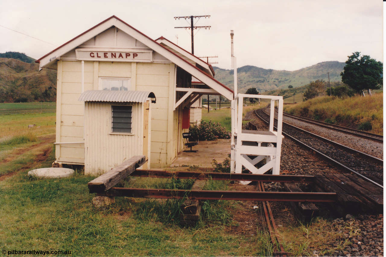 134-26
Glenapp, station overview, WC, station office room, signal box behind this, gangers' trolley pull off track, looking south, taken from platform.
