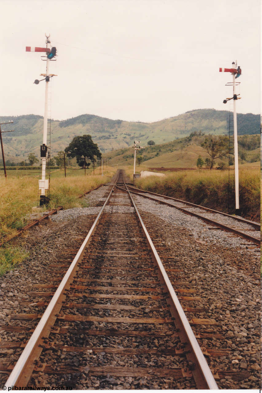 134-29
Glenapp, track view looking south from south end of loop, up departure signals, gangers shed in distance.
