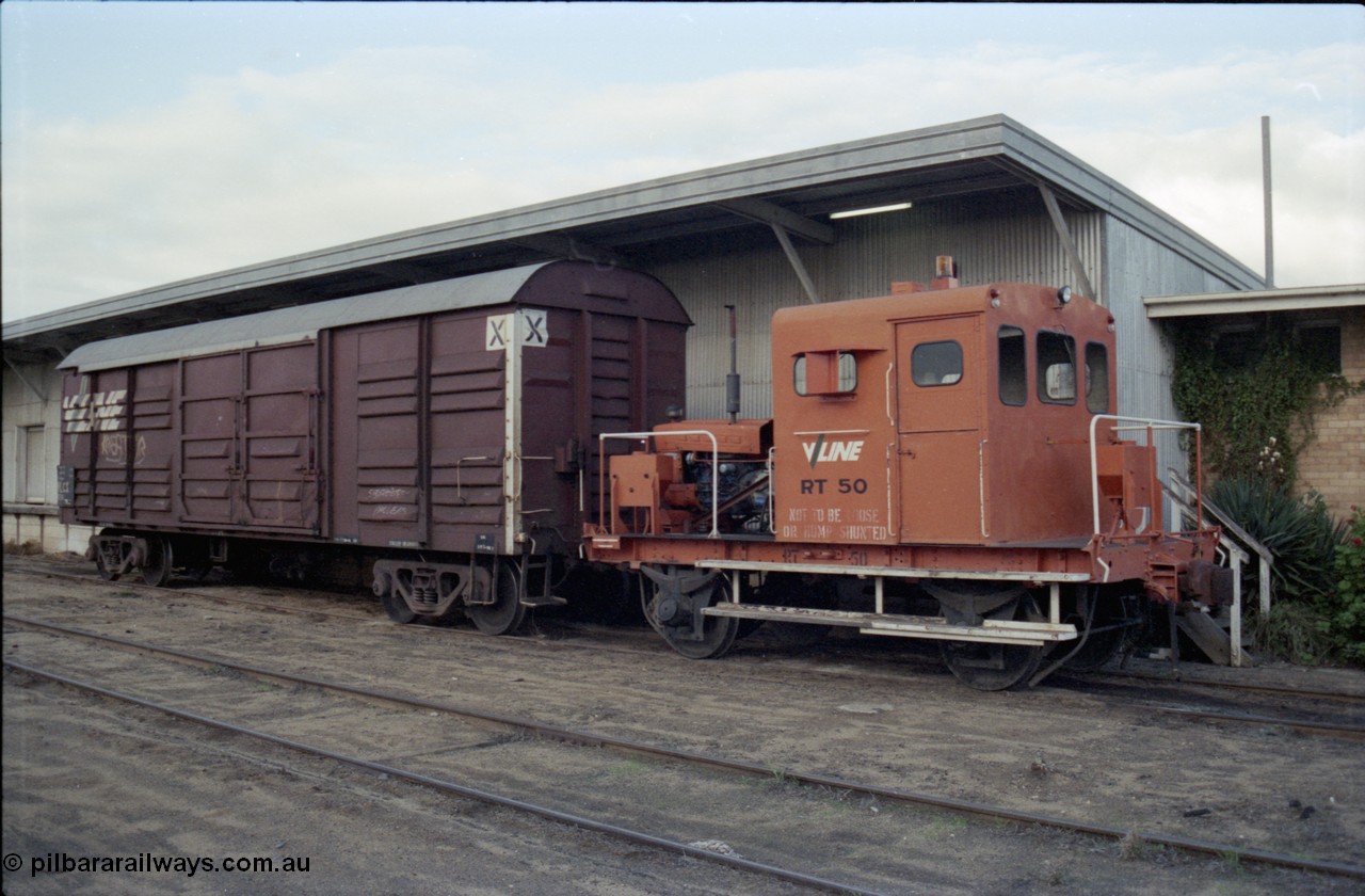 136-13
Deniliquin goods shed with broad gauge V/Line RT class Rail Tractor RT 50, originally an I class waggon I 7457 built in 1905, finally converted from IA class waggon 7457 by Ballarat North Workshops to RT in September 1969, and VLCX class bogie louvre van.
Keywords: RT-class;RT50;Victorian-Railways-Ballarat-Nth-WS;I-type;I7457;IA-type;IA7457;VLCX-type;