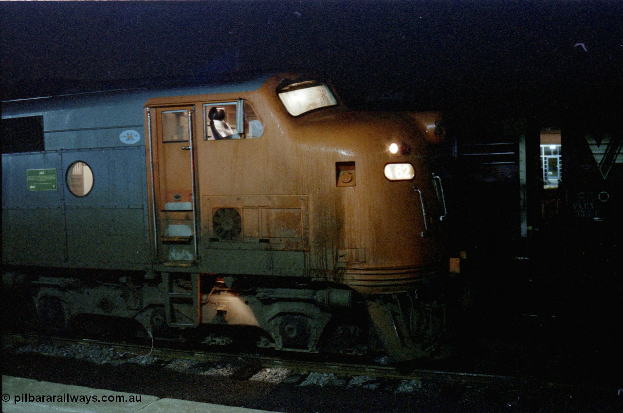136-29
Seymour station platform view V/Line broad gauge A class A 62 Clyde Engineering EMD model AAT22C-2R serial 84-1183 rebuilt from B 62 Clyde Engineering EMD model ML2 serial ML2-3 waits in the rain to run the Sunday evening down Cobram pass 8345, cab side shot.
Keywords: A-class;A62;Clyde-Engineering-Rosewater-SA;EMD;AAT22C-2R;84-1183;rebuild;bulldog;