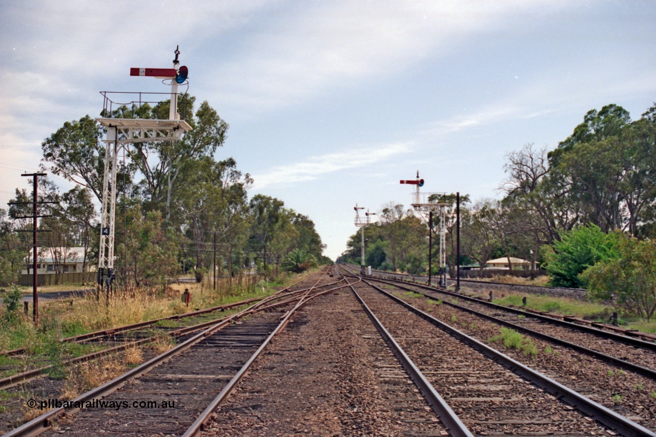 137-1-10
Euroa station yard overview looking north, down home lattice semaphore signal posts 4 and 5 with up home post 6 in the background, Road No.4 joining No.3 on the left, with double compound points to No.2 Rd (mainline), with No.1 Rd on the right with point rodding along side it, the standard gauge line on the far right.
