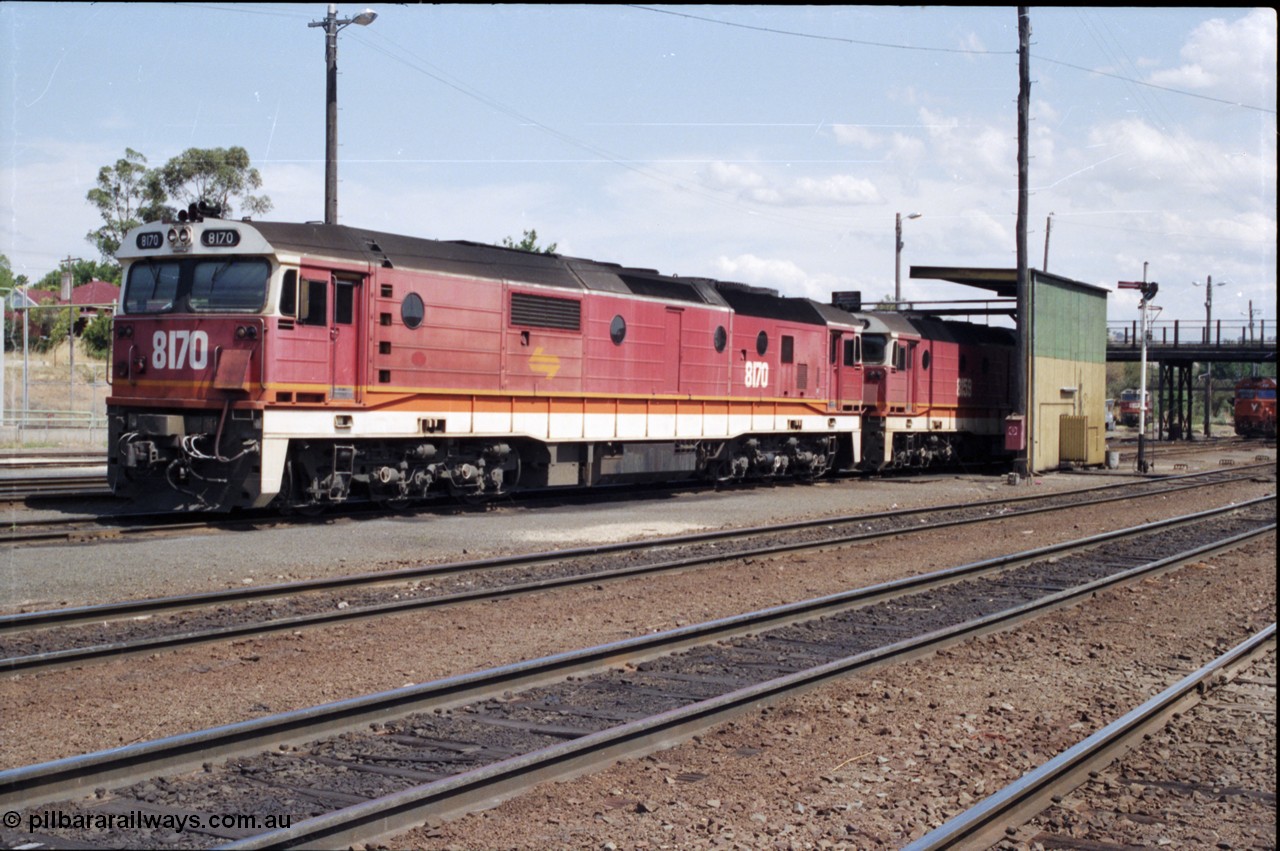 137-1-24
Albury loco depot fuel point, standard gauge NSWSRA 81 class locos 8170 Clyde Engineering EMD model JT26C-2SS serial 85-1089 and 8159 serial 84-1078 receive attention.
Keywords: 81-class;8170;Clyde-Engineering-Kelso-NSW;EMD;JT26C-2SS;85-1089;