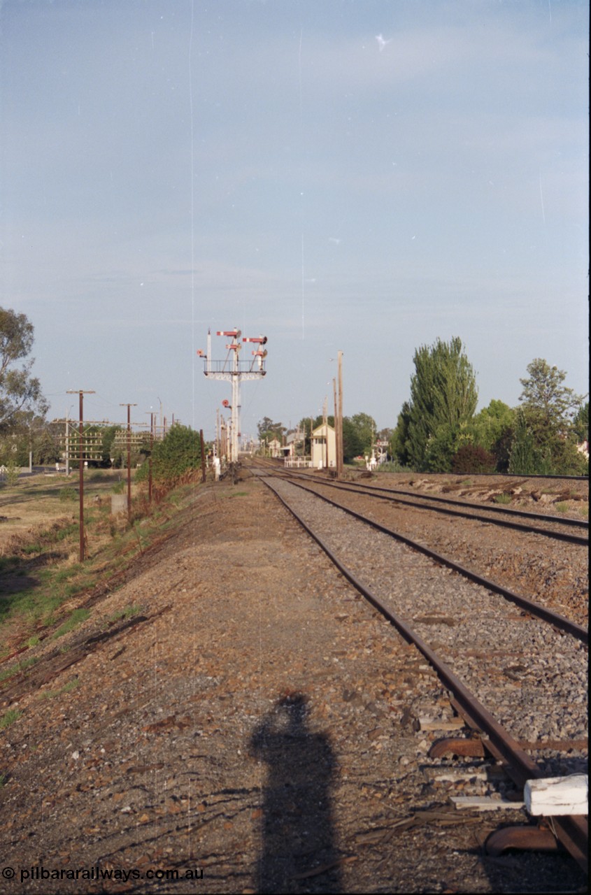 137-2-12
Benalla, looking north from the Melbourne end, Siding A has the baulk on it, then the broad gauge mainline, and on the slightly elevated ground at right is the standard gauge mainline, triple doll signal post 2 is still intact with semaphores and disc, Benalla signal box A is beyond the signal post.
