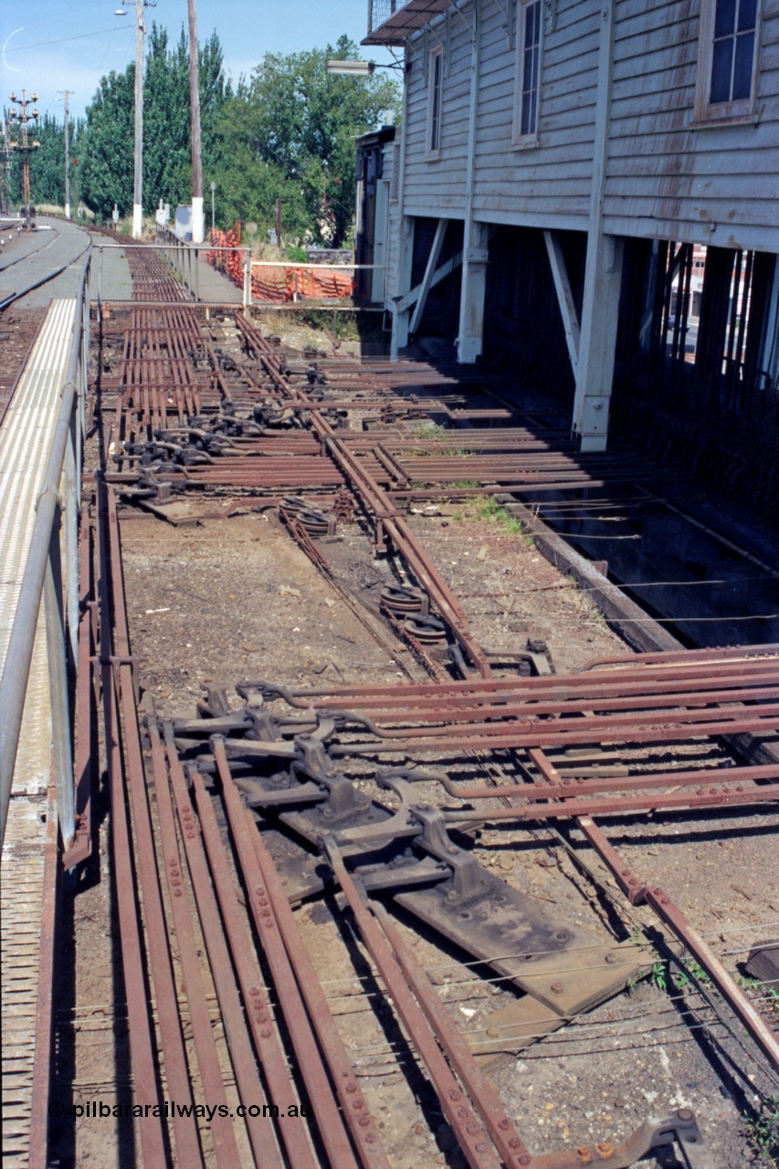 140-1-09
Ballarat A Signal Box, view of the point rodding and signal wires, good place to snap an ankle!.

