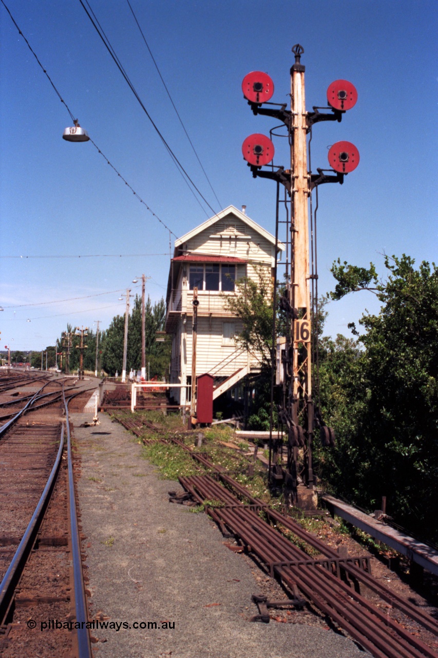 140-1-11
Ballarat Signal Box A, disc signal post 16, looking toward Ballarat East, point rodding.
