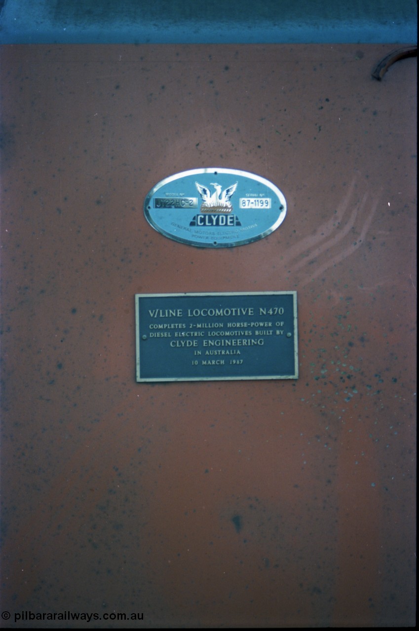 140-2-15
Ballarat station, builders plate shows V/Line N class N 470 'City of Wangaratta' Clyde Engineering EMD model JT22HC-2 serial 86-1199 commemorative plaque for 2 Million Horse Power of Diesel Electric locomotives built by Clyde Engineering in Australia, 10th March 1987.
Keywords: N-class;N470;Clyde-Engineering-Somerton-Victoria;EMD;JT22HC-2;86-1199;