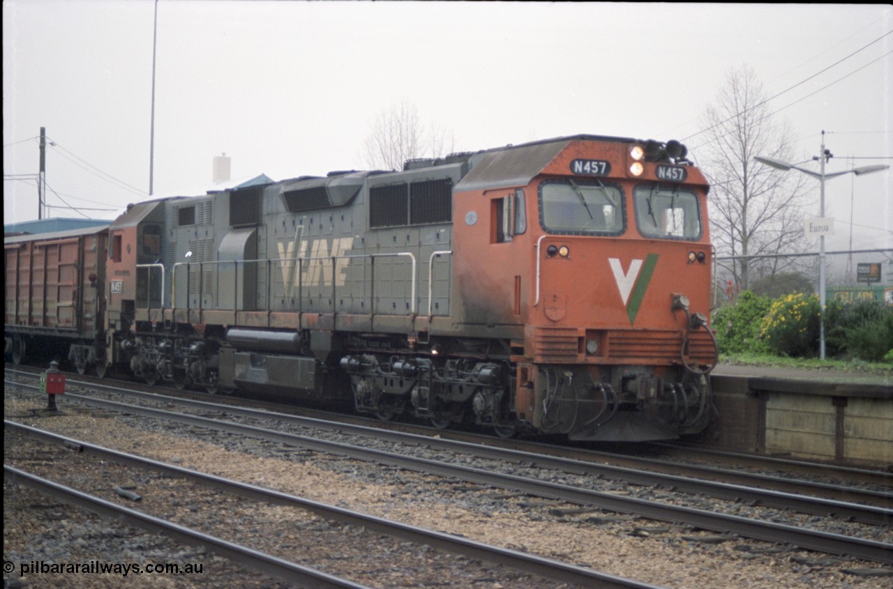 142-1-10
Euroa V/Line broad gauge N class N 457 'City of Mildura' Clyde Engineering EMD model JT22HC-2 serial 85-1225 leads an up Albury broad gauge passenger train.
Keywords: N-class;N457;Clyde-Engineering-Somerton-Victoria;EMD;JT22HC-2;85-1225;