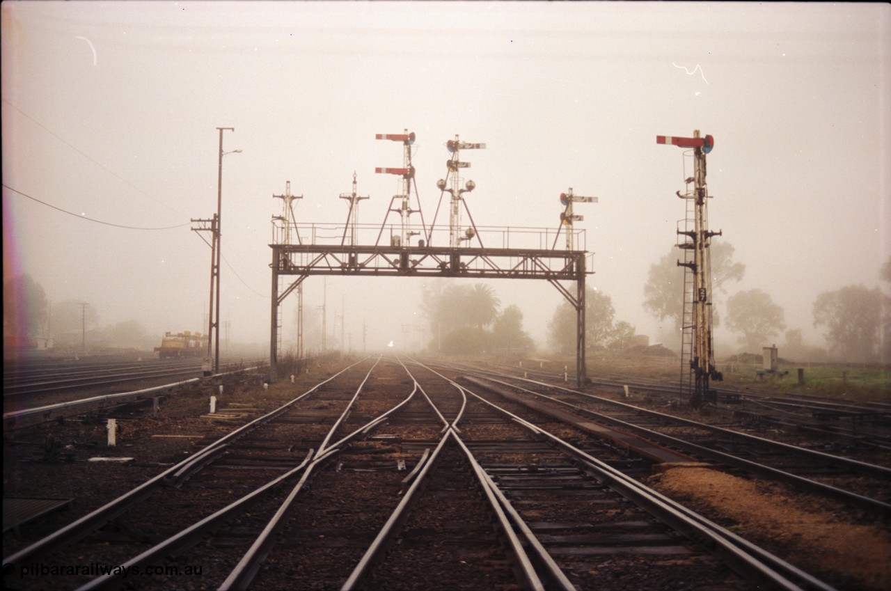142-1-14
Benalla station yard overview looking north, signal gantry with disc posts 23 and 24 stripped and 25 partially stripped, interlocking crossing under tracks, signal post 27 partially stripped, Yarrawonga line double compound points in middle of frame, very foggy.
