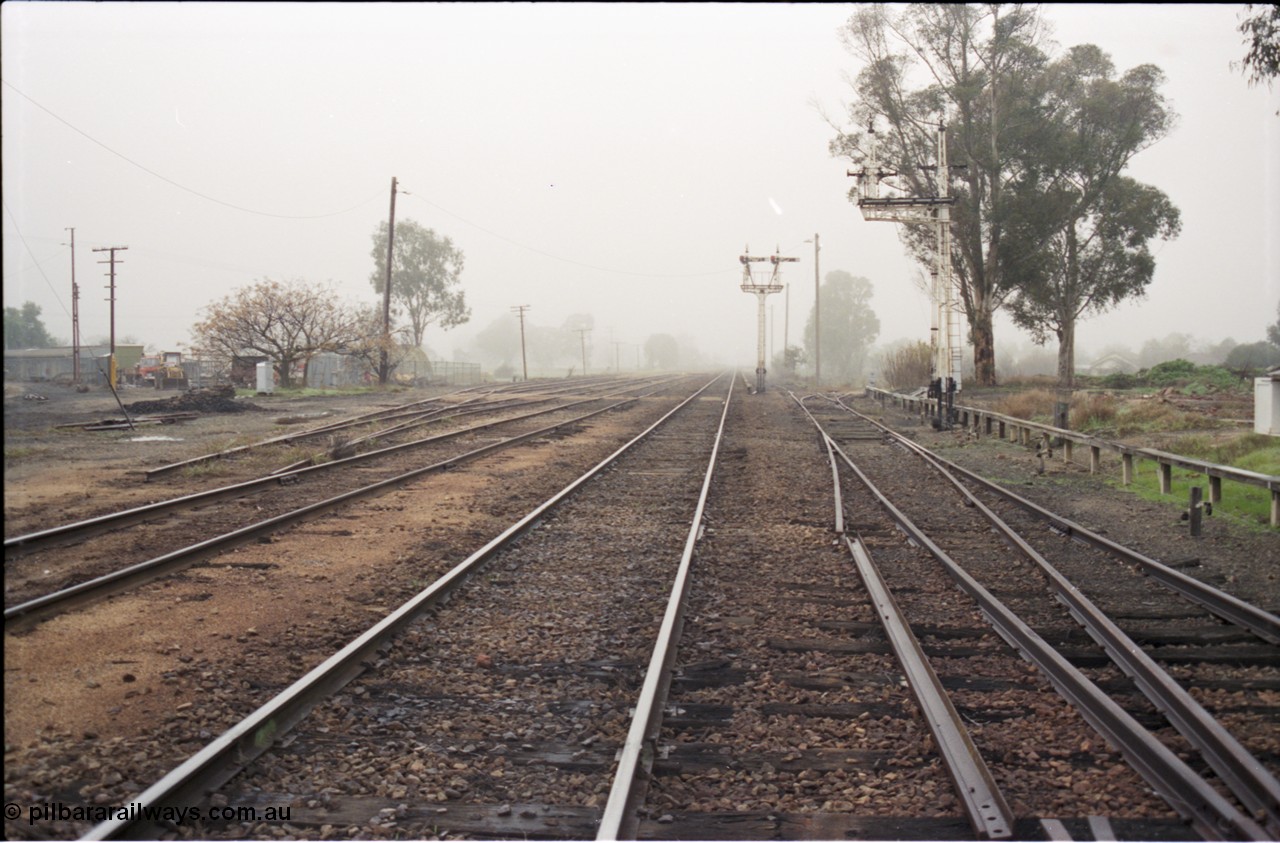142-1-19
Benalla station yard overview looking north, disc signal post 35 stripped, Siding Z at right with crossover and points to mainline removed, three roads of Sidings R disconnected at left, signal post 33 up home remains for now.
