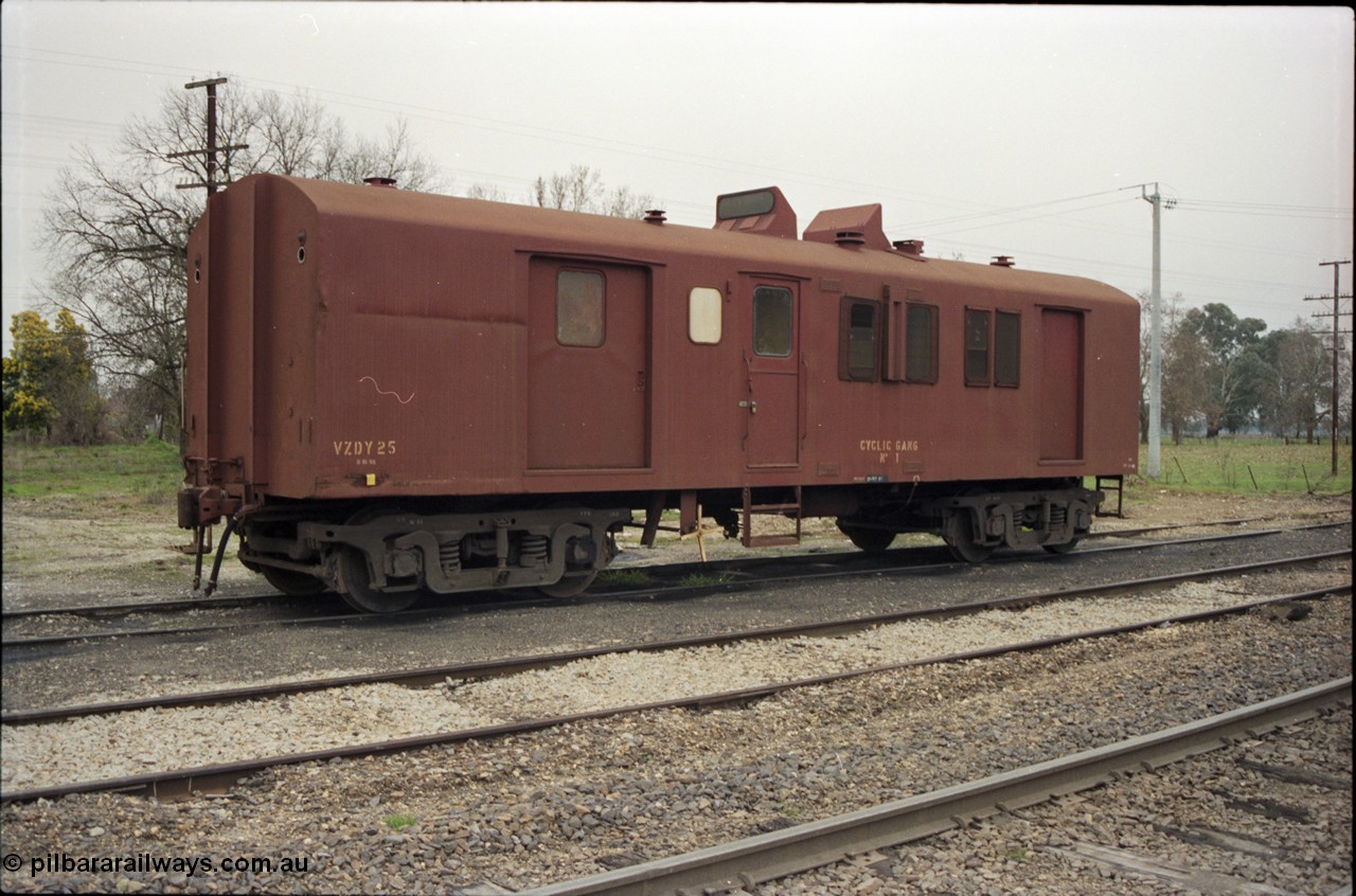 142-2-05
Barnawartha, V/Line broad gauge VZDY type bogie departmental waggon VZDY 25 'Cyclic Gang No. 1'. Built at Bendigo Workshops in June 1972 as a ZF type van, converted in December 1984 to VZDY.
Keywords: VZDY-type;VZDY25;Victorian-Railways-Bendigo-WS;ZF-van;
