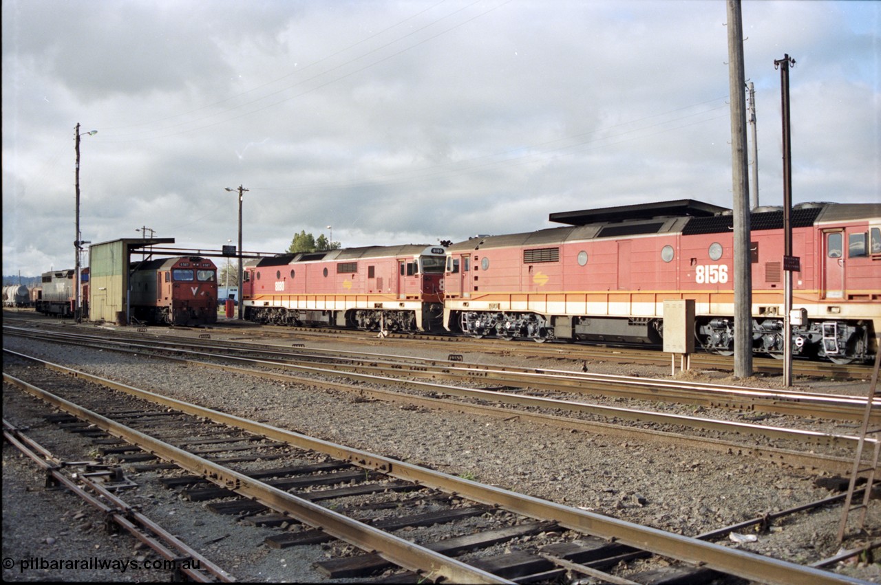142-3-04
Albury loco depot fuel point overview, standard gauge V/Line G and C class locos at left with twin NSWSRA standard gauge candy liveried 81 class units 8180 Clyde Engineering EMD model JT26C-2SS serial 85-1099 and 8156 serial 84-1075 shunt past light engine.
Keywords: 81-class;8156;Clyde-Engineering-Kelso-NSW;EMD;JT26C-2SS;84-1075;