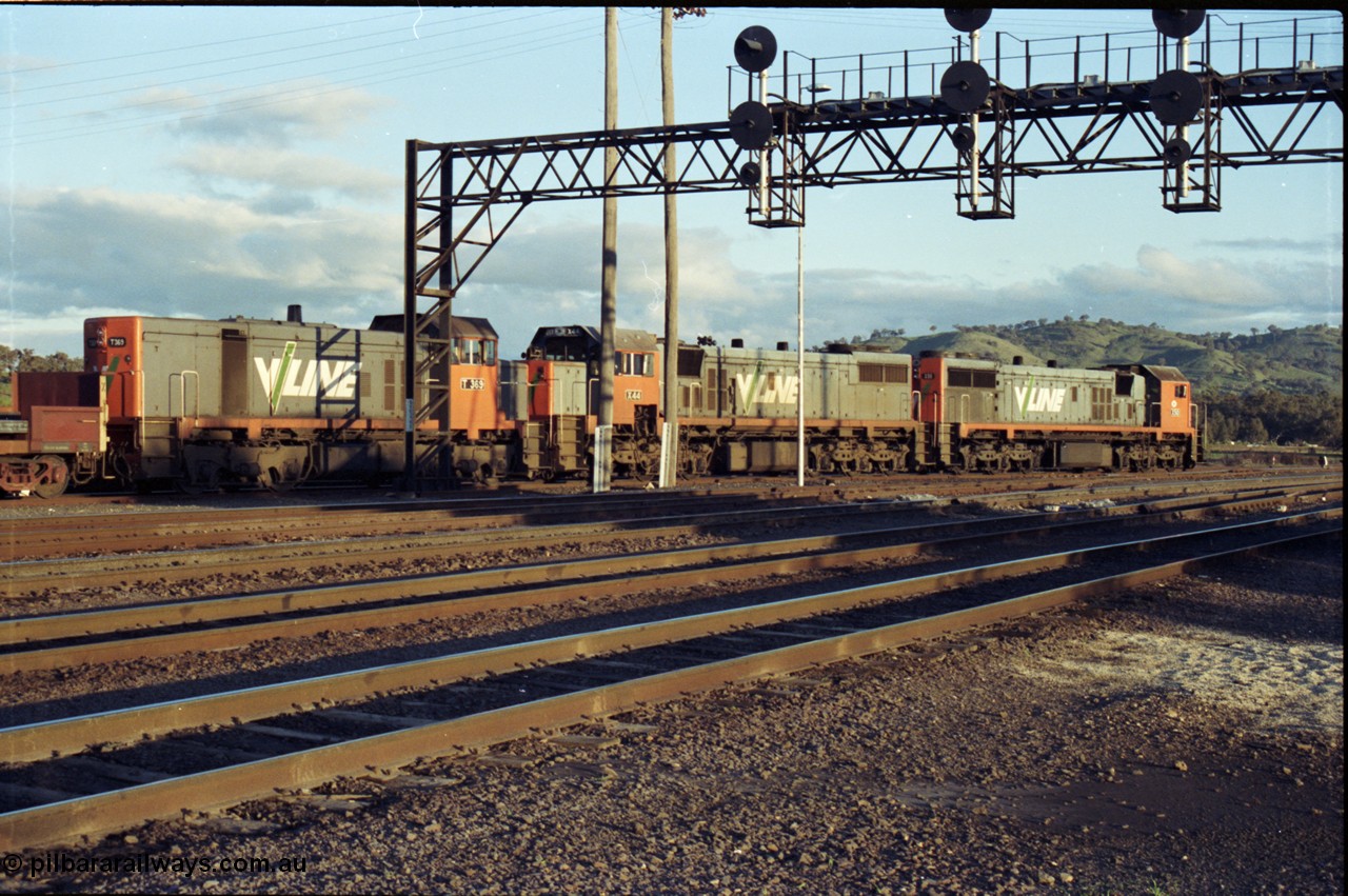 142-3-16
Albury south yard, V/Line broad gauge locos X classes, X 50 Clyde Engineering EMD model G26C serial 75-797 and X 44 serial 70-707 and T class T 369 Clyde Engineering EMD model G8B serial 64-324 are on the point of up Albury steel train 9334, awaiting departure time, trailing view.
Keywords: T-class;T369;Clyde-Engineering-Granville-NSW;EMD;G8B;64-324;