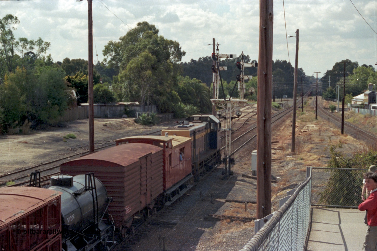 143-08
Wangaratta, down Wahgunyah Special 'Stringybark Express' departs up home semaphore past signal Post 23 with broad gauge VR liveried Y class Y 133 Clyde Engineering EMD model G6B serial 65-399, leading ZL type six wheel guards van ZL 2, U type four wheel louvre van U 892 and WT type four wheel water tank WT 236, sidings in the background are extensions of 3, 4 and 5 Roads, the Rowan Street underpass is visible beyond along with the Ovens River bridge, the standard gauge line is on the right.
