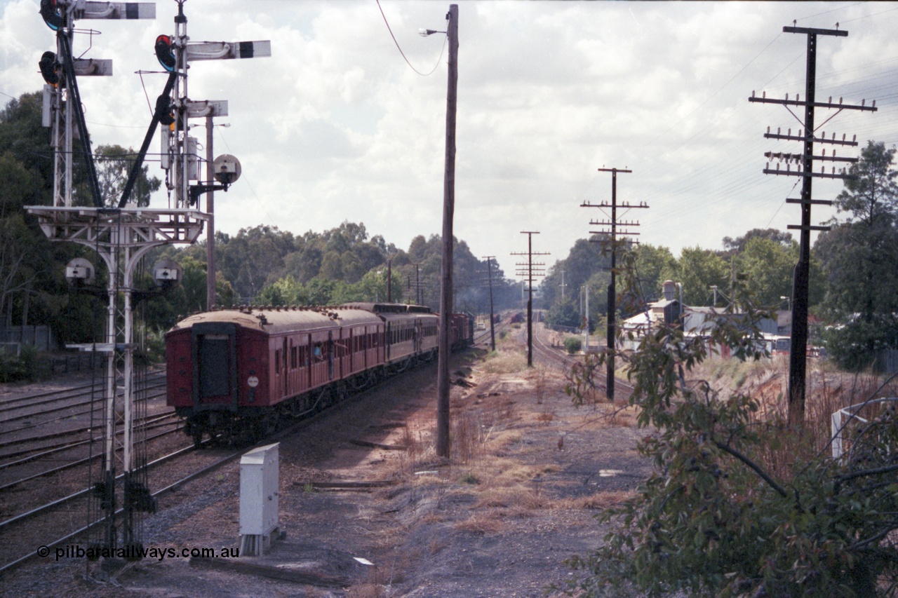 143-11
Wangaratta, down Wahgunyah Special 'Stringybark Express' mixed train rolls away towards Springhurst with semaphore signal Post 23 in the foreground, the standard gauge line is on the right, the last two carriages are BCPL class bogie passenger carriages.
