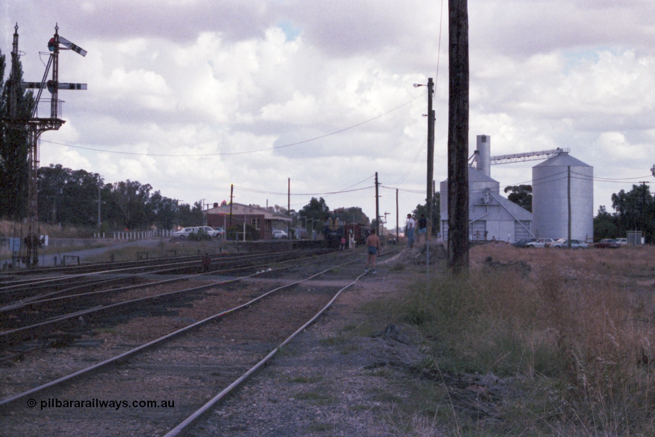 143-12
Springhurst station yard overview with semaphore signal Post 4 pulled for the Wahgunyah line as broad gauge VR liveried Y class Y 133 Clyde Engineering EMD model G6B serial 65-399 slows to exchange the electric staff for the ordinary staff with the down broad gauge 'Stringybark Express' mixed special, station building with signaller at staff exchange platform, Murphy silo complex and Victorian Oats Pool shed on the right.
