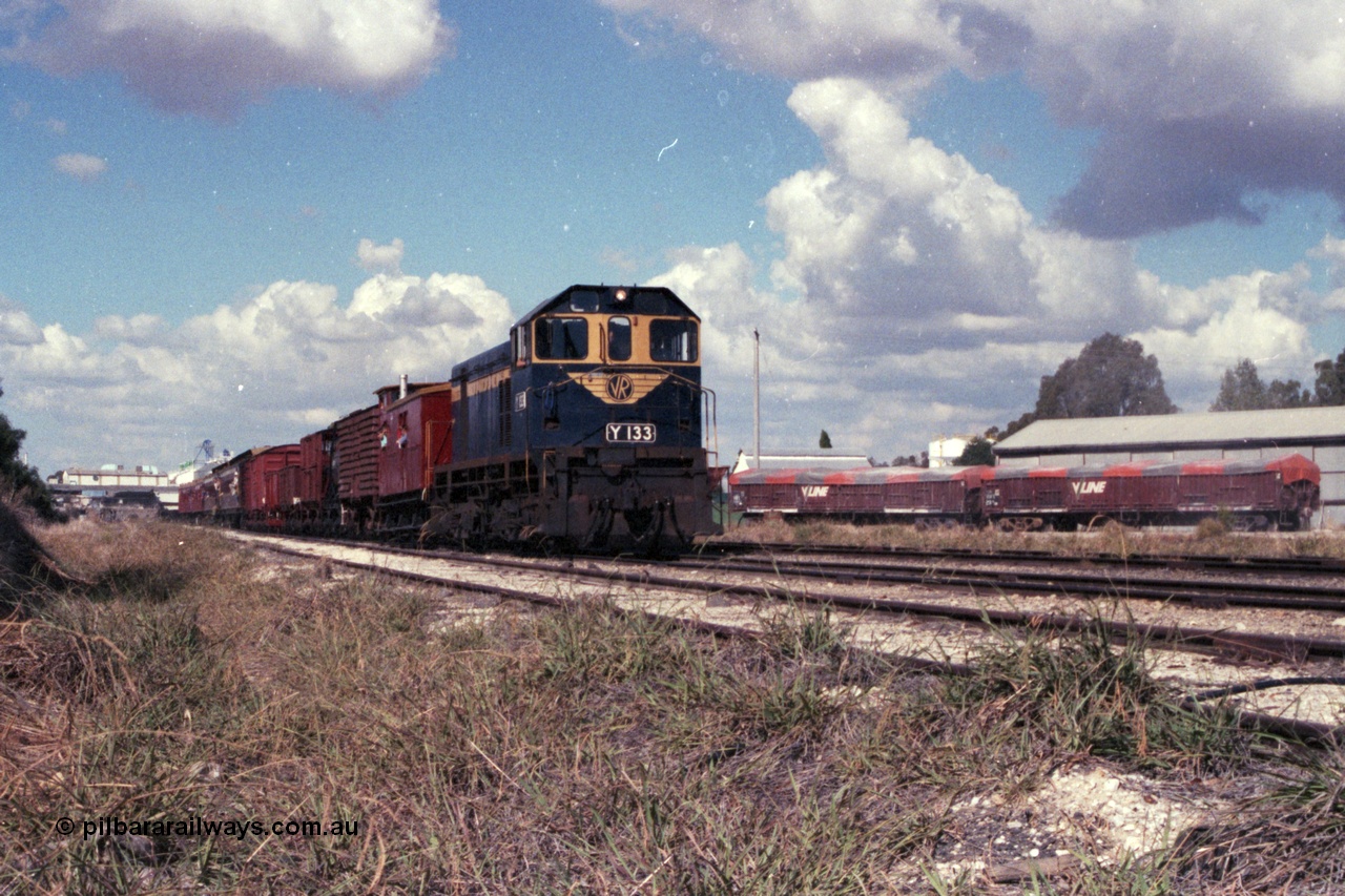 143-26
Wahgunyah, broad gauge VR liveried Y class Y 133 Clyde Engineering EMD model G6B serial 65-399 leads the arriving 'Stringybark Express' mixed special into the yard past some V/Line VOFX type bogie super phosphate waggons and sheds on the right.
Keywords: Y-class;Y133;Clyde-Engineering-Granville-NSW;EMD;G6B;65-399;