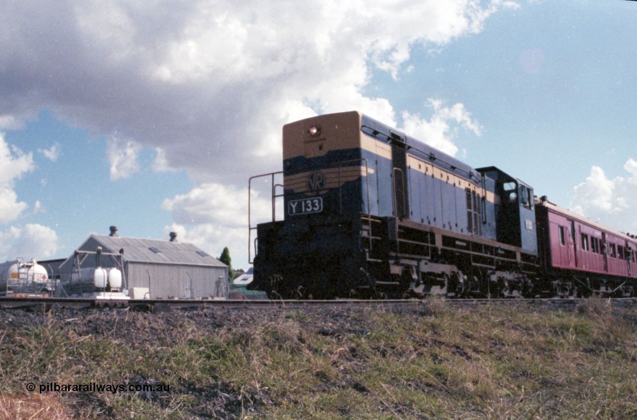 143-32
Wahgunyah, trailing shot of the up 'Stringybark Express' mixed special departing, Uncle Tobys factory is in the background, the reason for the line remaining open.
Keywords: Y-class;Y133;Clyde-Engineering-Granville-NSW;EMD;G6B;65-399;