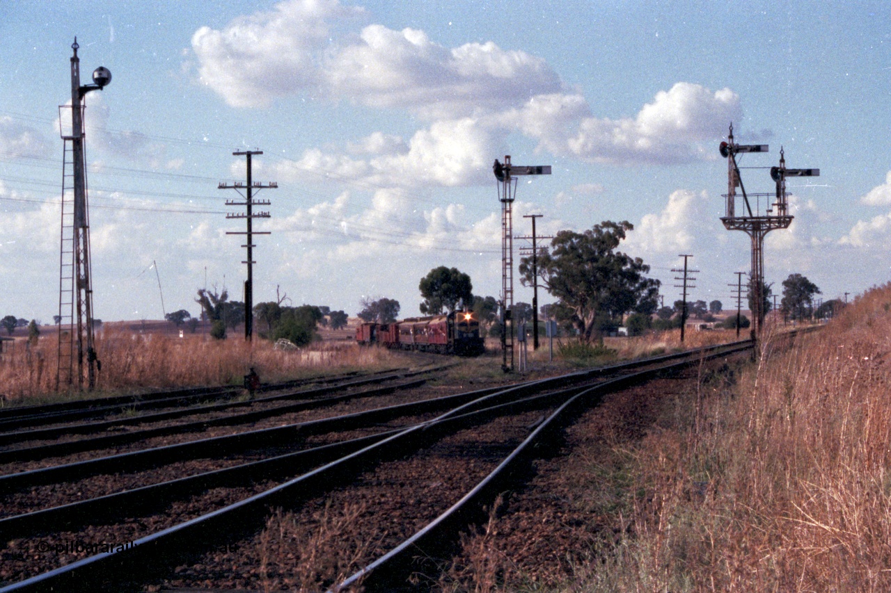 144-02
Springhurst yard view looking north, up Wahgunyah 'Stringybark Express' mixed special hauled by broad gauge VR liveried Y class Y 133 Clyde Engineering EMD model G6B serial 65-399 on the Wahgunyah awaits line clear into the yard at semaphore signal Post 6, the Up Home Wahgunyah Line, the other signals are disc Post 5 from Siding A and on the right is semaphore signal Post 8 the Up Home Wodonga Line, the embankment at the far right is the standard gauge flyover.
