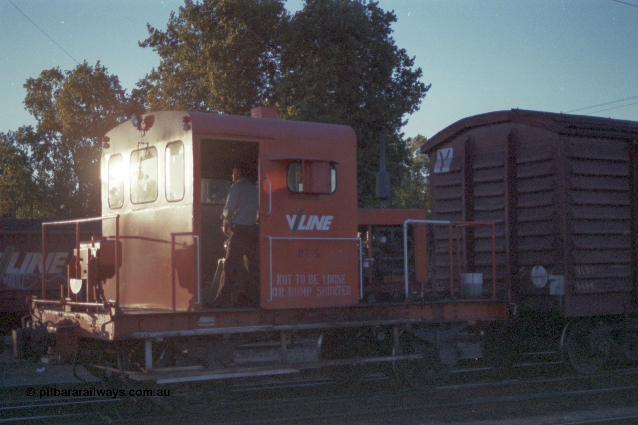 144-16
Wangaratta, broad gauge V/Line RT class rail tractor RT 5, now with the Wahgunyah mixed gone can go about its shunt duties with VLBY type bogie louvre van VLBY 148 on No. 5 Rd, this is the Wangaratta parcel waggon and was attached to up trains for the trip back to Melbourne. RT 5 built new by Newport Workshops September 1957. The VLBY which is the Wangaratta parcels waggon started out being built by Newport Workshops in October 1956 as VP type VP 148, in May 1979 re-coded to VLPY, re-coded again in 1982 to VLBY.
Keywords: RT-class;RT5;Victorian-Railways-Newport-WS;VLBY-type;VLBY148;VP-type;VLPY-type;