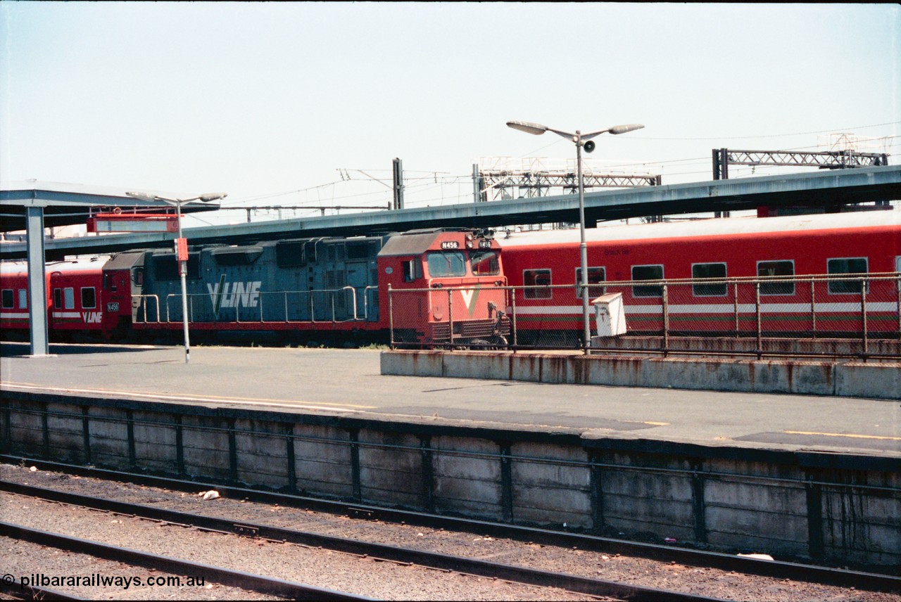 145-06
Spencer Street Station, view across to platforms 6 and 7, broad gauge V/Line N class loco N 456 'City of Colac' with serial 85-1224 a Clyde Engineering Somerton Victoria built EMD model JT22HC-2 shunts around the yard.
Keywords: N-class;N456;Clyde-Engineering-Somerton-Victoria;EMD;JT22HC-2;85-1224;