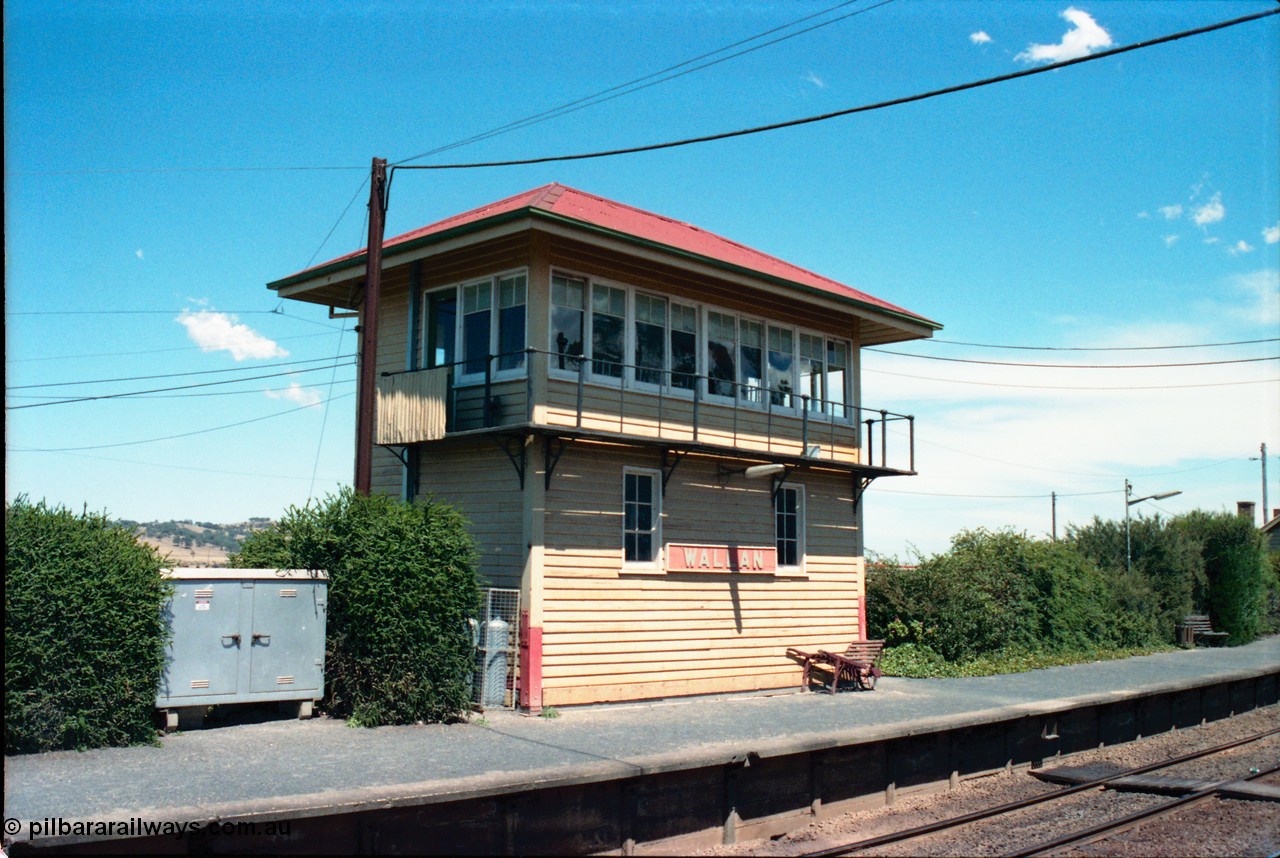 145-14
Wallan signal box was a rarity in that all interlocking connections went out behind the box rather than out through the platform coping, it is located on the up platform, view across pit from down platform.
