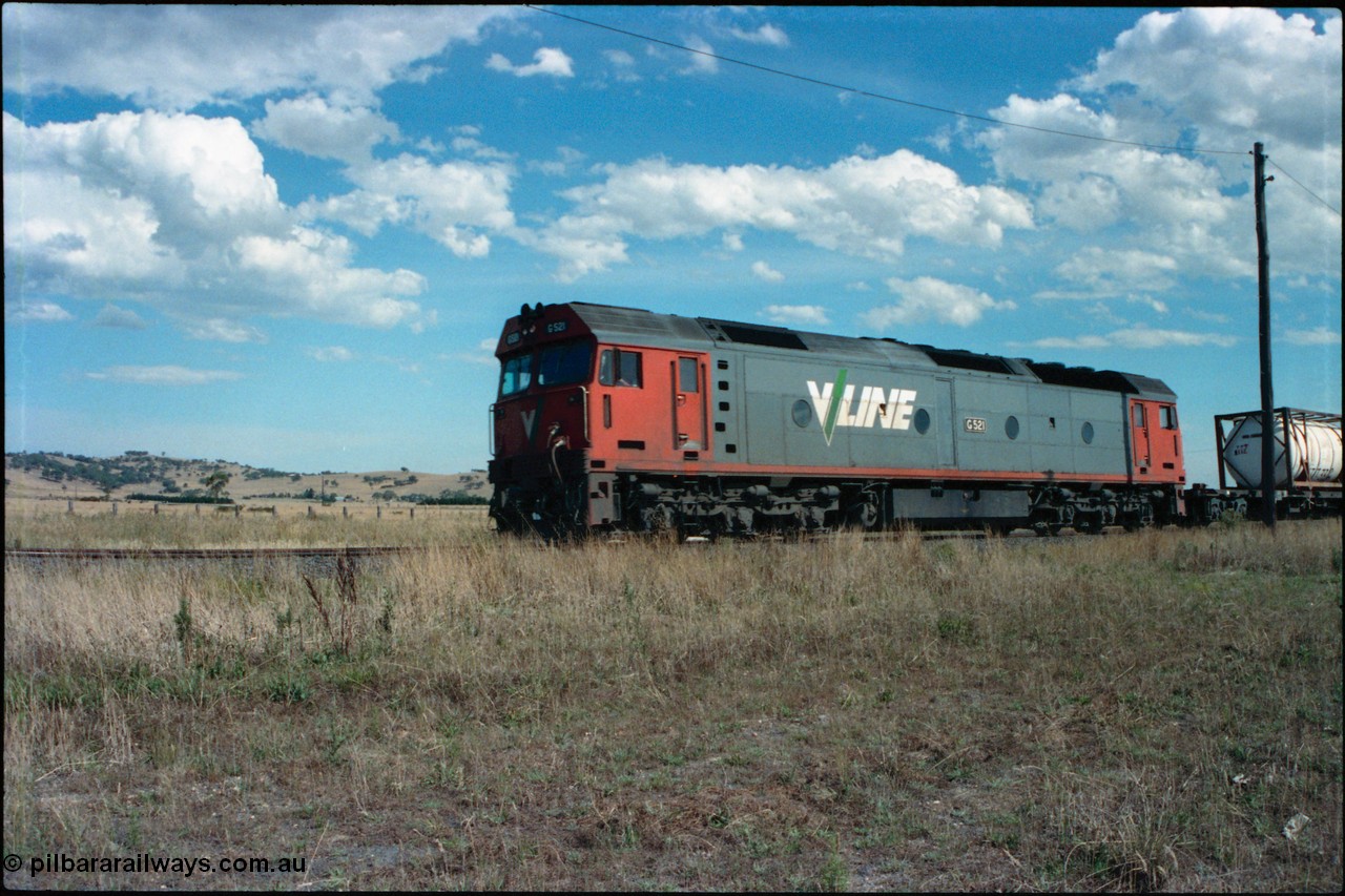 145-18
Wallan Loop, north end, standard gauge V/Line G class G 521 Clyde Engineering EMD model JT26C-2SS serial 85-1234 leads a north bound down goods through near Boundary Rd.
Keywords: G-class;G521;Clyde-Engineering-Rosewater-SA;EMD;JT26C-2SS;85-1234;