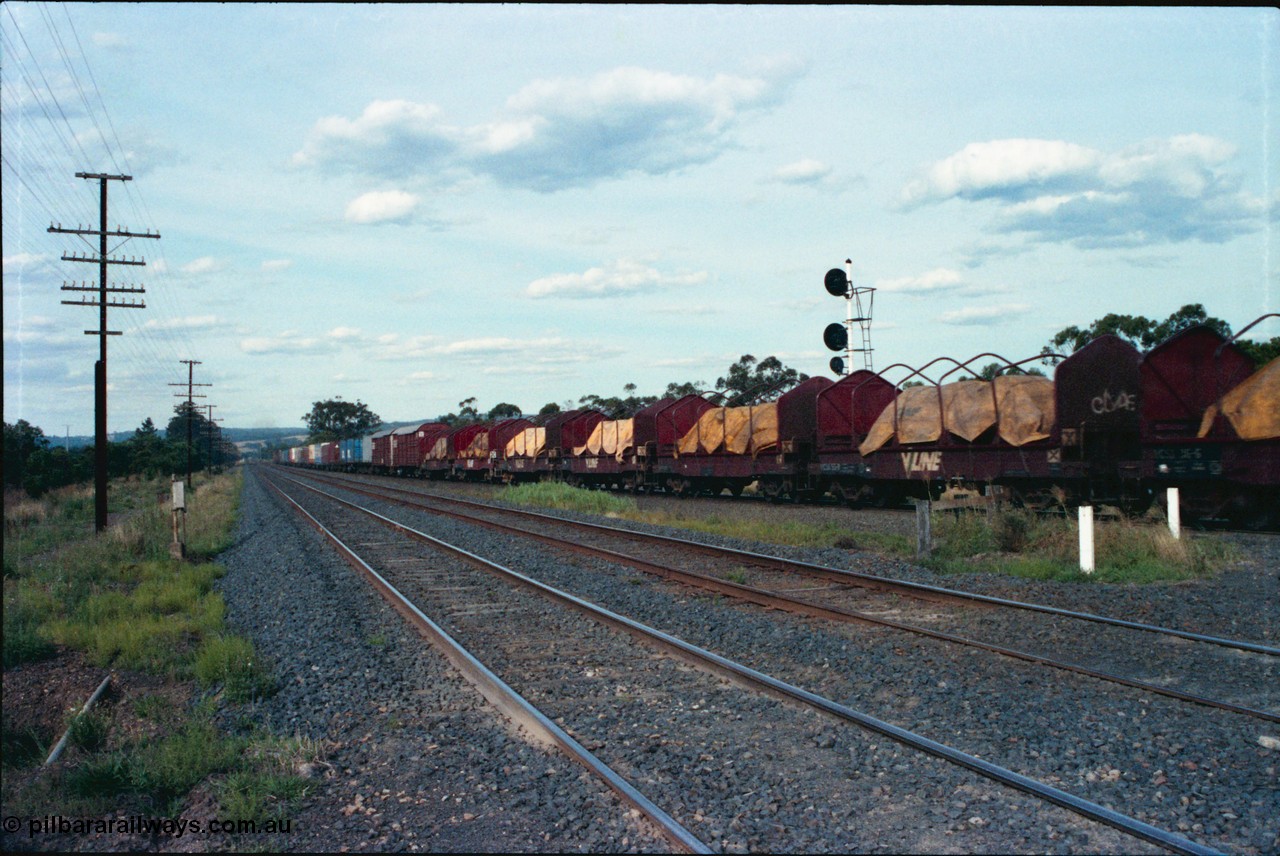 145-22
Wallan Loop, trailing view of down standard gauge goods, showing standard gauge V/Line VCSX type bogie coil steel waggons in consist, broad gauge lines on the left, taken from Boundary Rd crossing.
Keywords: VCSX-type;