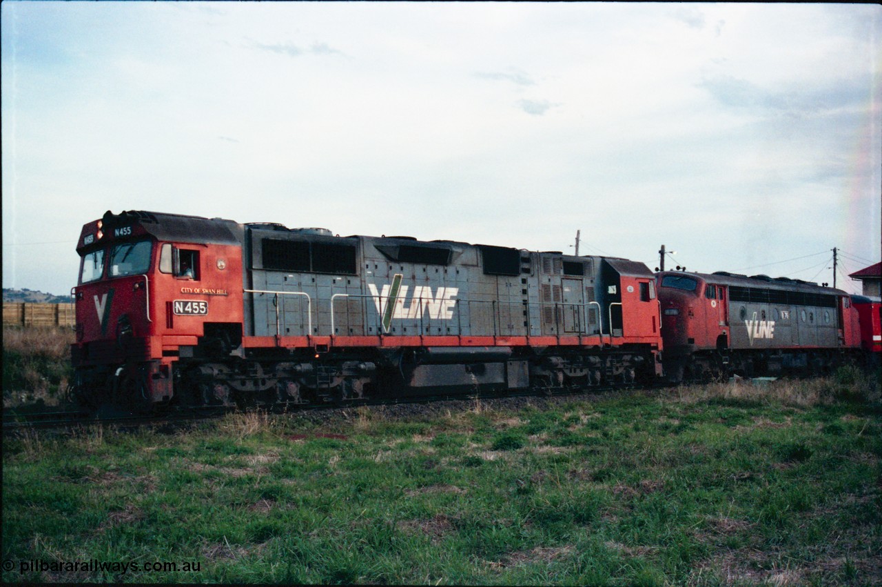 145-29
Wallan, down broad gauge Seymour pass hauled by V/Line N class N 455 'City of Swan Hill' Clyde Engineering EMD model JT22HC-2 serial 85-1223 and veteran B class B 76 Clyde Engineering EMD model ML2 serial ML2-17.
Keywords: N-class;N455;Clyde-Engineering-Somerton-Victoria;EMD;JT22HC-2;85-1223;