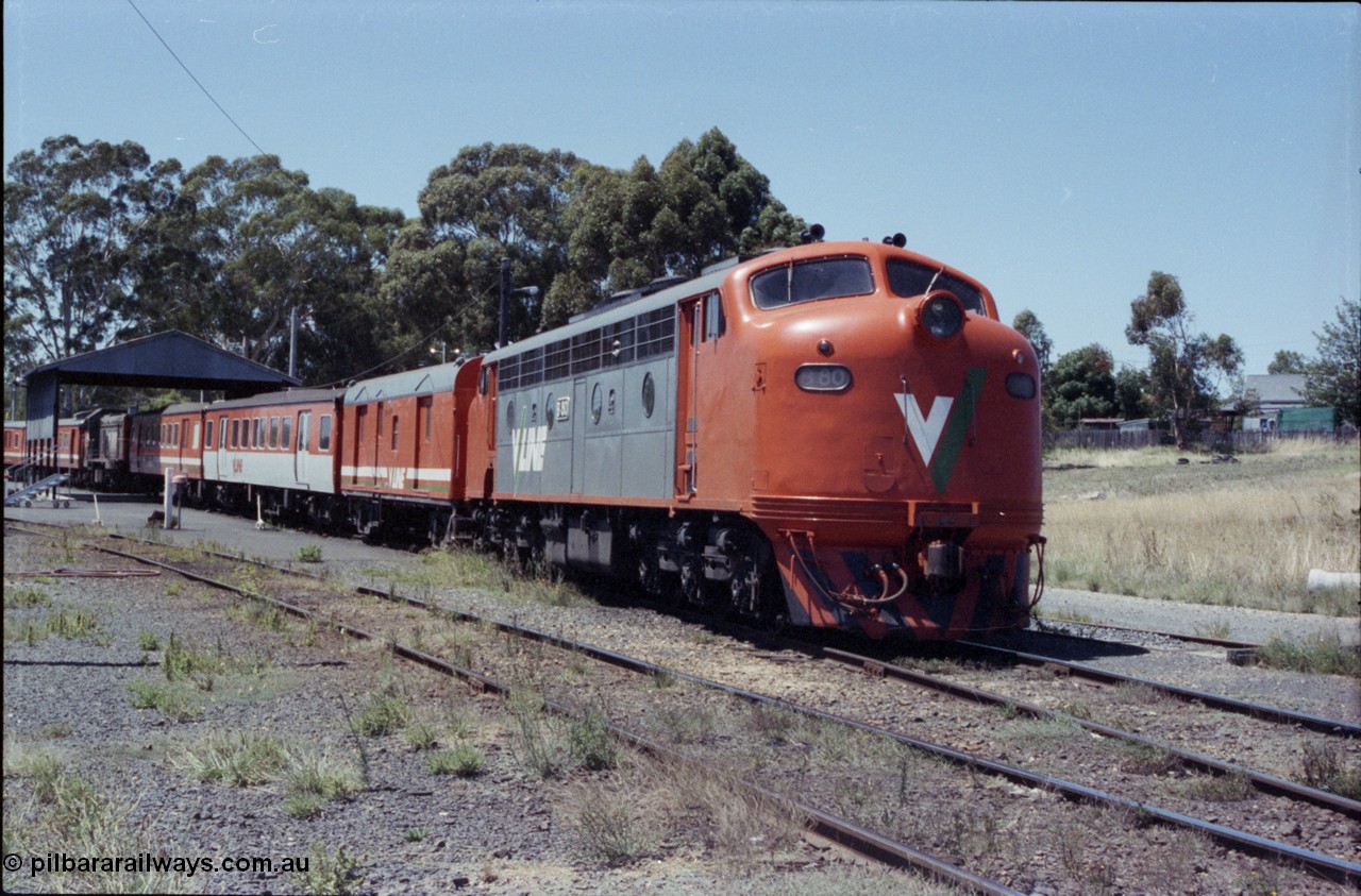146-05
Seymour loco depot, broad gauge V/Line B class B 80 Clyde Engineering EMD model ML2 serial ML2-21 with the stabled 'scratch set' passenger consist.
Keywords: B-class;B80;Clyde-Engineering-Granville-NSW;EMD;ML2;ML2-21;bulldog;