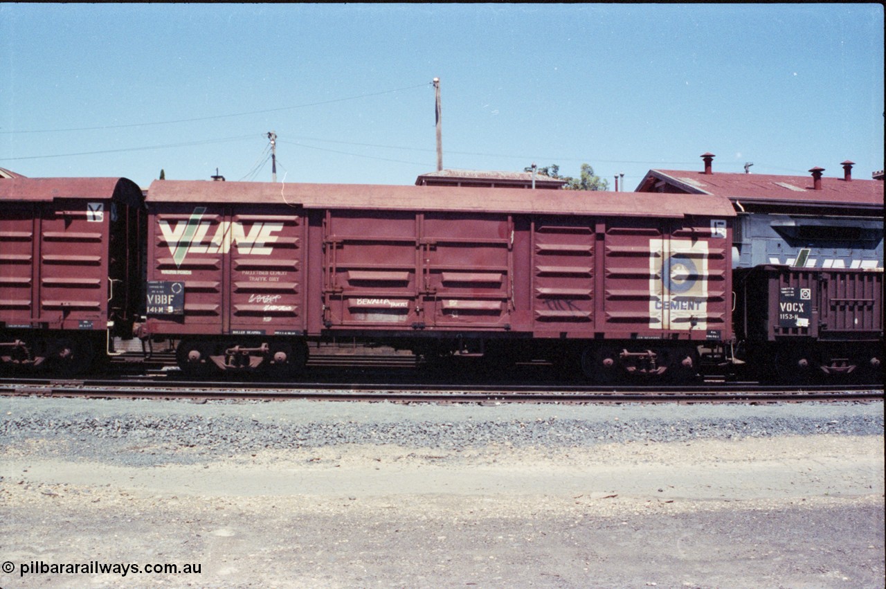 146-09
Seymour, rationalised broad gauge yard, V/Line VBBF type bogie louvre van VBBF 141 stencilled for Blue Circle Cement, 'Palletised Cement Traffic Only'. Started out built new June 1962 at Newport Workshops as BLF type BLF 141, December 1979 coded VBBY, then 1988 to VBBF.
Keywords: VBBF-type;VBBF141;BLF-type;
