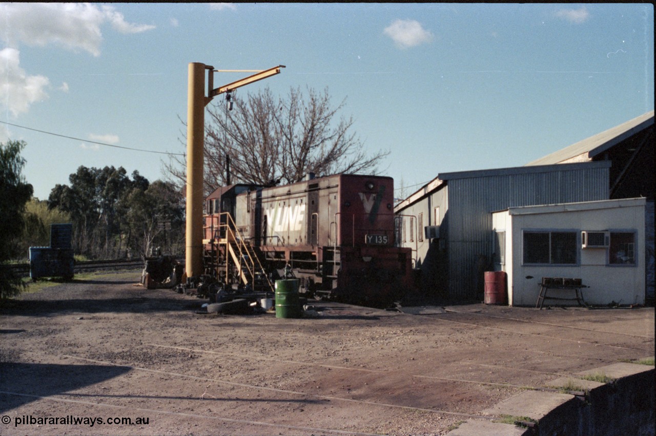 147-08
Seymour loco depot turntable, broad gauge V/Line Y class Y 135 Clyde Engineering EMD model G6B serial 65-401 over the brake pit next to the workshop.
Keywords: Y-class;Y135;Clyde-Engineering-Granville-NSW;EMD;G6B;65-401;