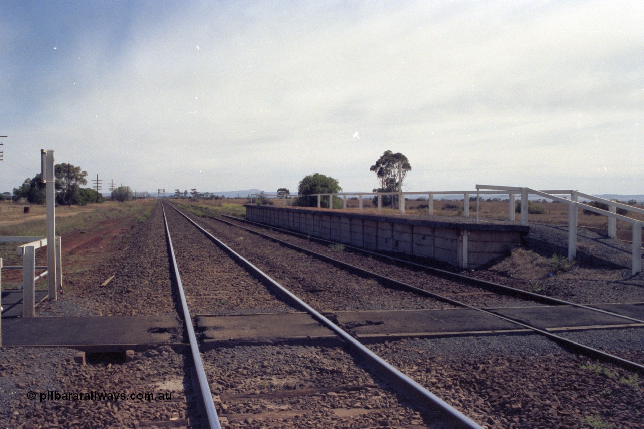 149-03
Rockbank, station overview looking Down direction towards Melton, No.2 Road platform and pedestrian crossing in foreground.

