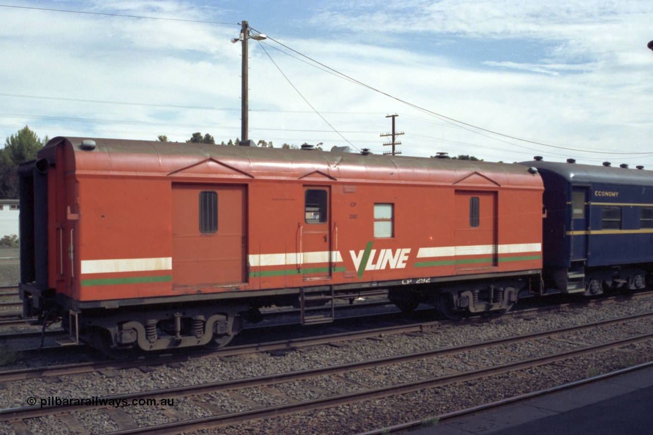 149-24
Bacchus Marsh, V/Line broad gauge CP class bogie guards van CP 292 on stabled passenger set. CP 292 was built by AE Goodwin NSW as CP type van CP 16 in September 1957, in December 1985 recoded to VVCP 16, then in August 1987 to CP 292.
Keywords: CP-van;CP292;VVCP-van;VVCP16;CP16;AE-Goodwin;