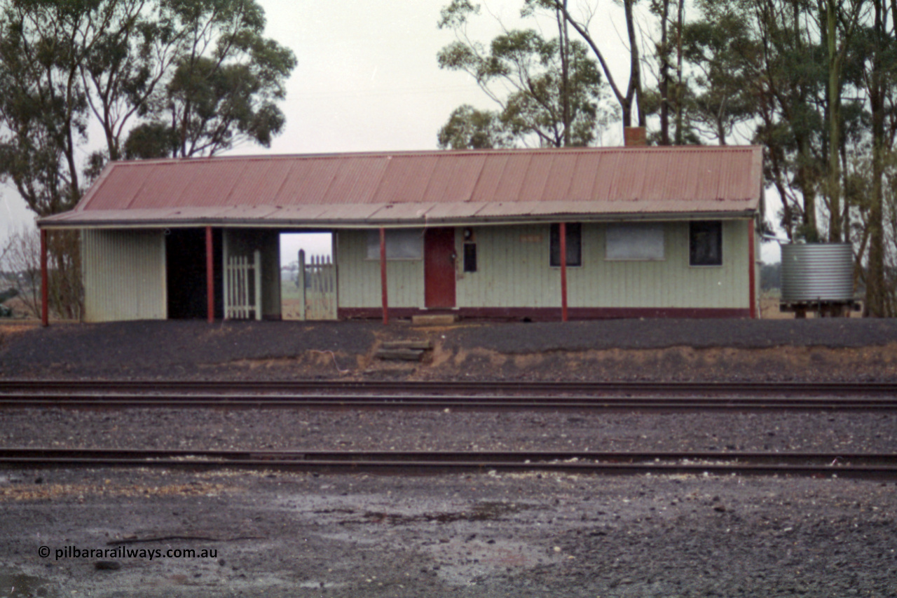 150-31
Lismore station building front elevation, looking across three yard tracks, building still used for safeworking purposes.
