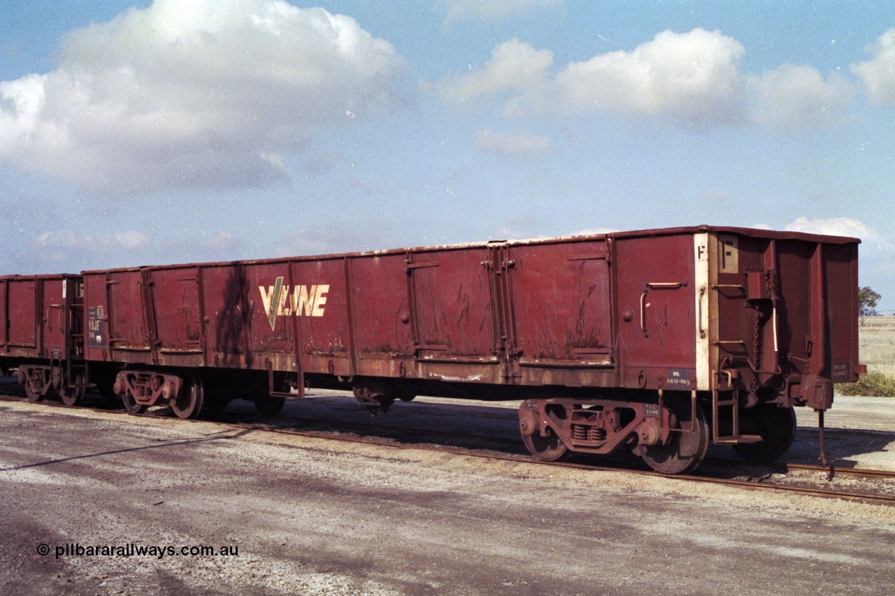 151-05
Gheringhap, broad gauge V/Line VOJF type bogie open gypsum waggon VOJF 24 in B Sidings awaiting unloading. The VOJF type waggons were conversions from ELF/ELX types, not much more is known on the histories.
Keywords: VOJF-type;VOJF24;
