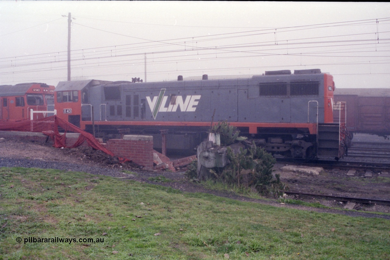 151-23
Traralgon station V/Line broad gauge light engine 2nd unit X class X 43 Clyde Engineering EMD model G26C serial 70-706 paired up with G 543 awaits departure time for Morwell with 9444 light engine, then loaded briquette train for Nth Geelong, in heavy fog, buffer stop overrun with cactus! Remains of abolished signal box behind buffer stop.
Keywords: X-class;X43;Clyde-Engineering-Granville-NSW;EMD;GT26C;70-706;