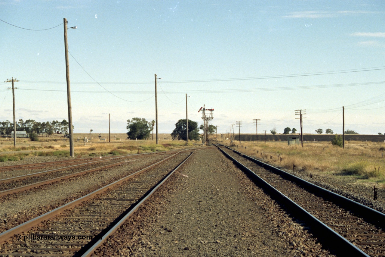 153-3-04
Maroona station yard overview looking towards Portland, junction for line to Geelong via Cressy, semaphore signal for Geelong line pulled off.
