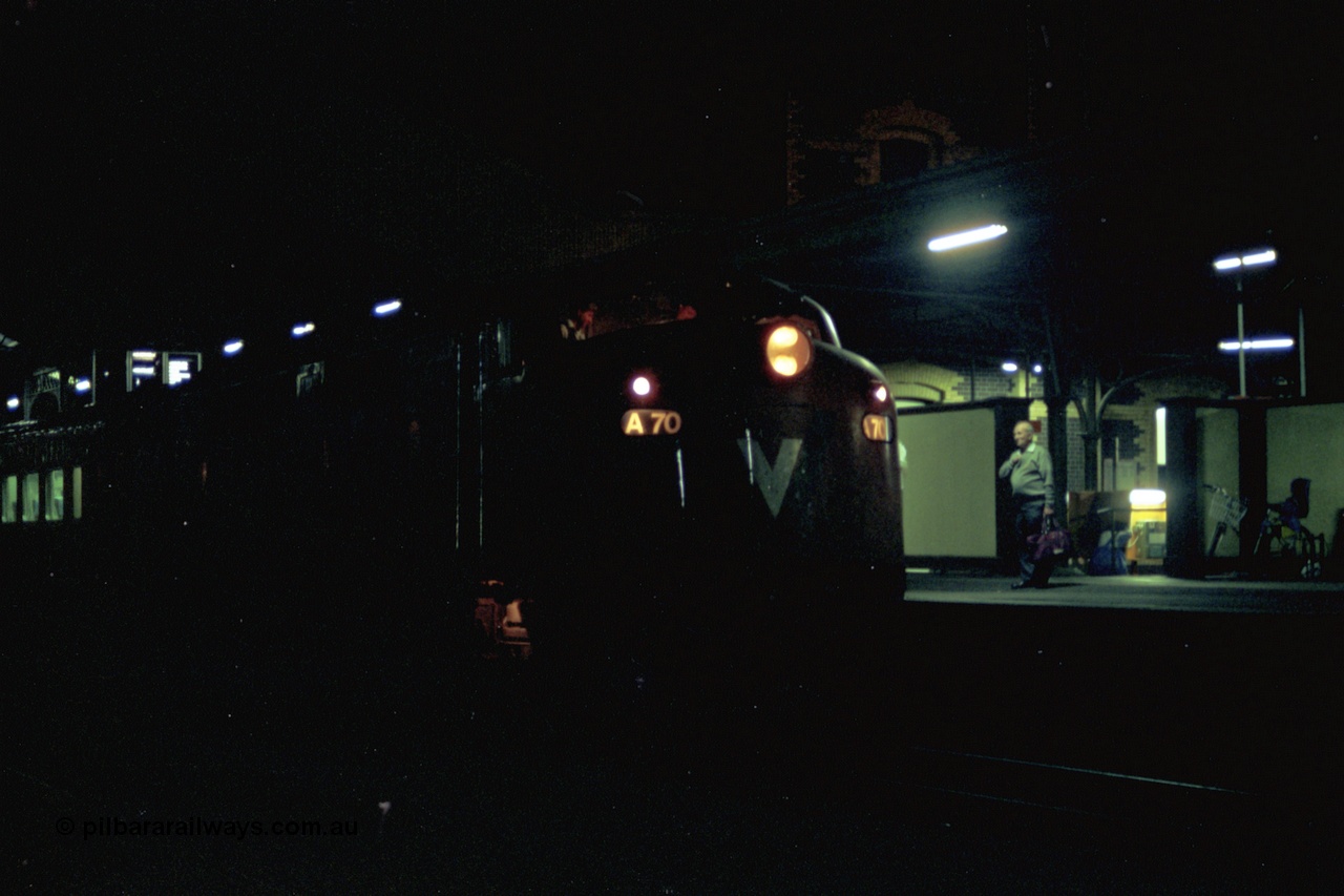 153-3-22
Geelong station building and platform, night shot, V/Line broad gauge passenger train, down Warrnambool with A class A 70 Clyde Engineering EMD model AAT22C-2R serial 84-1187 rebuilt from B 70 Clyde Engineering EMD model ML2 serial ML2-11 pauses at platform one.
Keywords: A-class;A70;Clyde-Engineering-Rosewater-SA;EMD;AAT22C-2R;84-1187;rebuild;bulldog;
