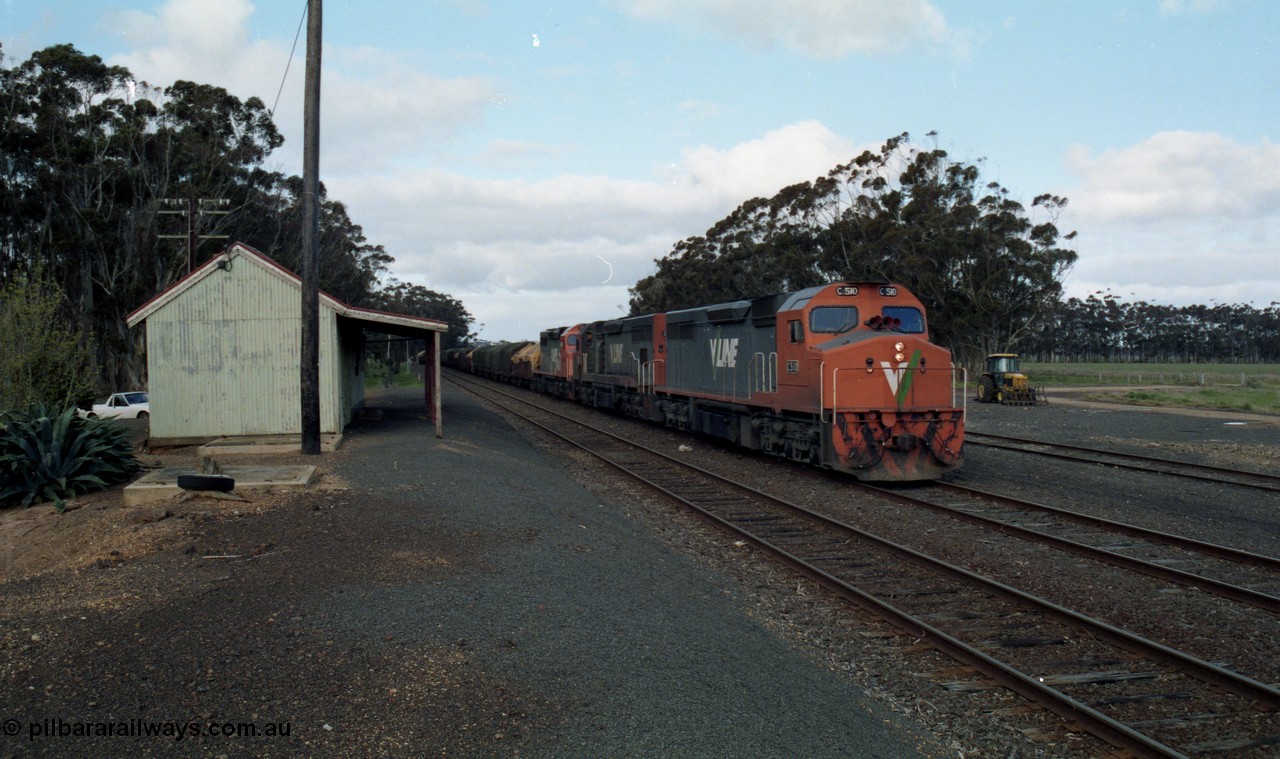 154-19
Lismore, V/Line broad gauge goods train 9169 to Adelaide via Cressy departs Lismore with a new train order for Ararat behind triple C class locomotives C 510 Clyde Engineering EMD model GT26C serial 76-833, C 508 serial 76-831 and C class leader C 501 'George Brown' serial 76-824, station building at left.
Keywords: C-class;C510;Clyde-Engineering-Rosewater-SA;EMD;GT26C;76-833;