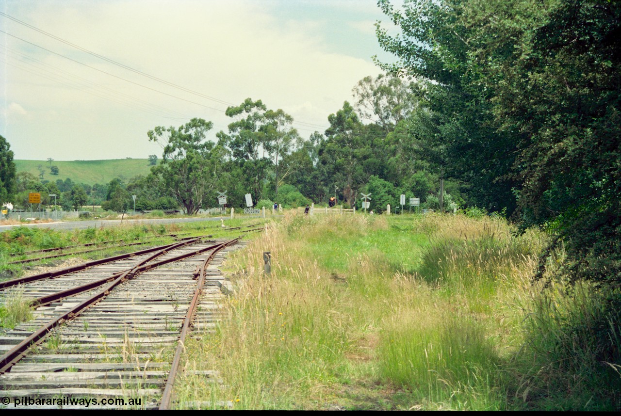 158-01
Healesville, Yarra Valley Tourist Railway operations, overgrown yard view looking towards Yarra Glen, train on approach.

