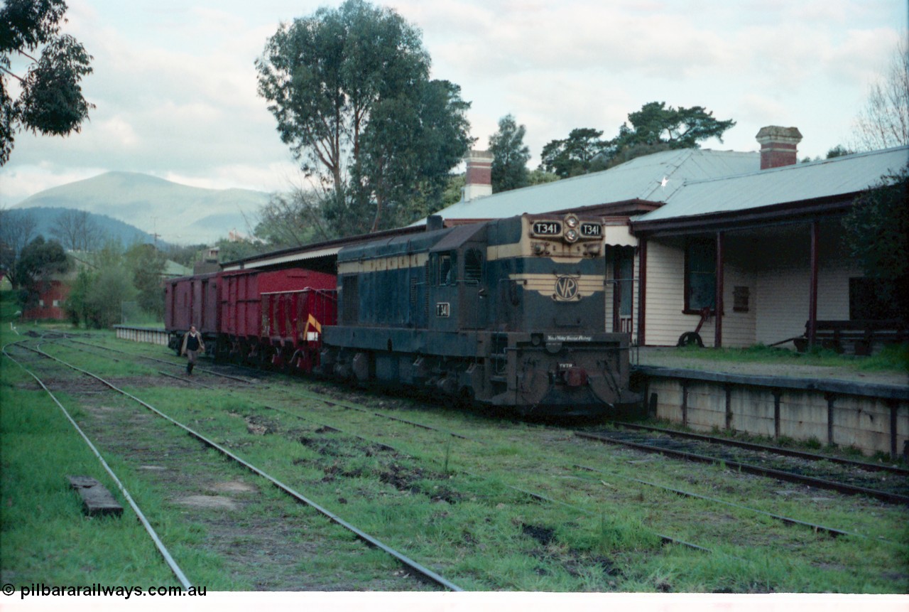 160-04
Healesville, station yard, building and platform, Yarra Valley Tourist Railway broad gauge loco Flat Top T class T 341 Clyde Engineering EMD model G8B serial 56-120 stand at the platform with a four wheel G type open waggon, a four wheel HD type van and a bogie ZLP type guards van.
Keywords: T-class;T341;Clyde-Engineering-Granville-NSW;EMD;G8B;56-120;