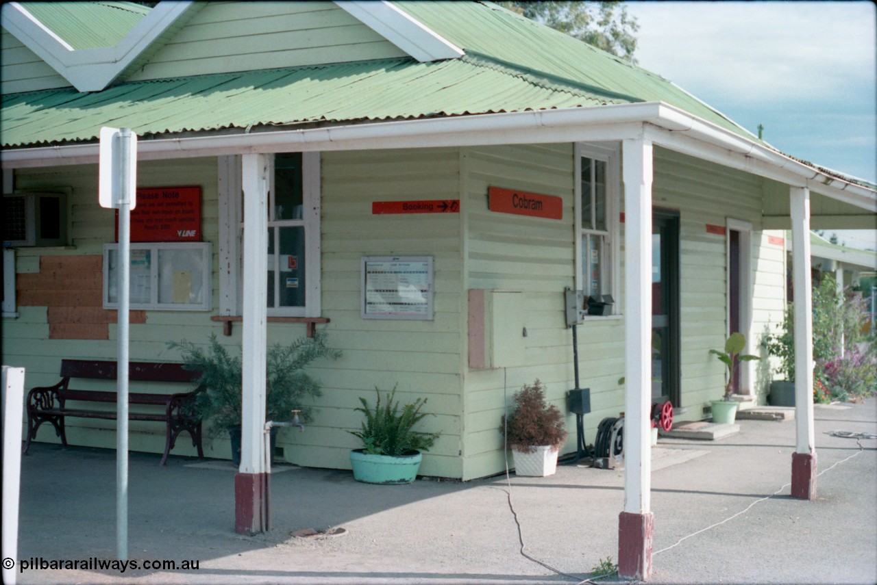 161-23
Cobram station building north west corner, signal lever behind post.
