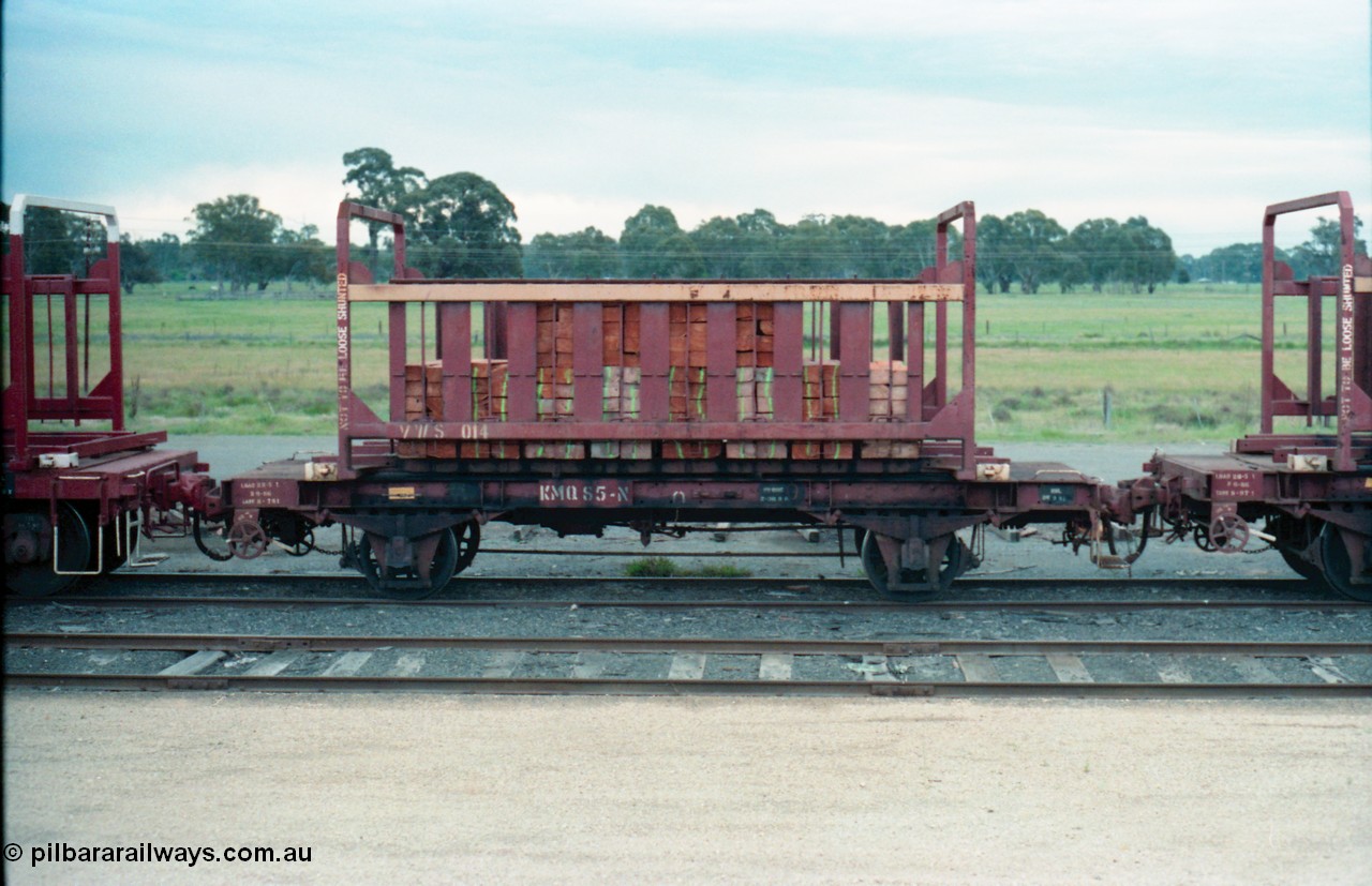 161-27
Tocumwal, V/Line broad gauge KMQ type four wheel container waggon KMQ 85 with a loaded VWS type sleeper transport container VWS 014, KMQ 85 started life as a T type fixed wheel base ice refrigerated van built in January 1924 at Newport by Craig and Party, in March of 1976 it was converted to the KMQ type at Bendigo Workshops.
Keywords: KMQ-type;KMQ85;Newport-Craig-&-Party;T-type;fixed-wheel-waggon;