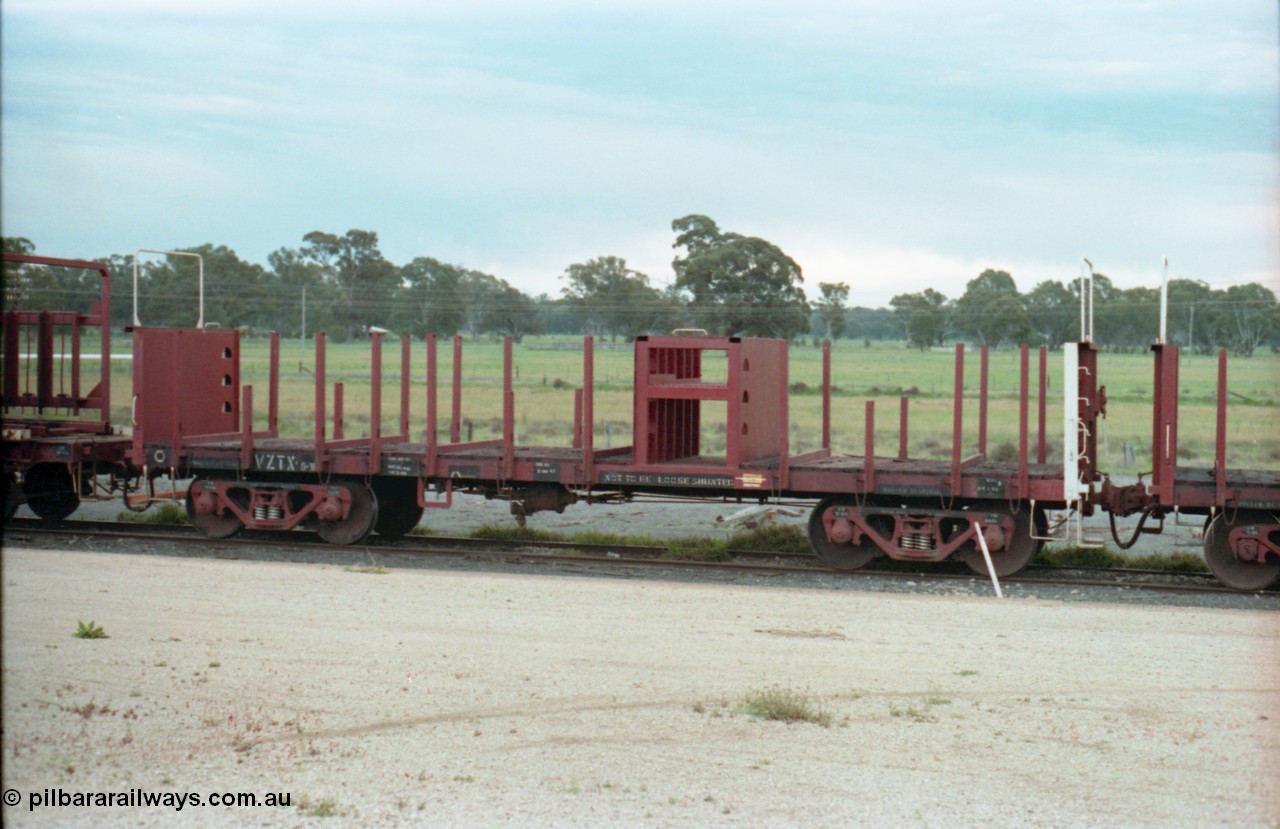 161-29
Tocumwal, V/Line broad gauge VZTX type bogie sleeper transport waggon VZTX 8 converted from a VBAX type box van which would've started out as a Victorian Railways Newport Workshops built BP / BB van from the late 1950s.
Keywords: VZTX-type;VZTX8;Victorian-Railways-Newport-WS;BP-type;VBAX-type;
