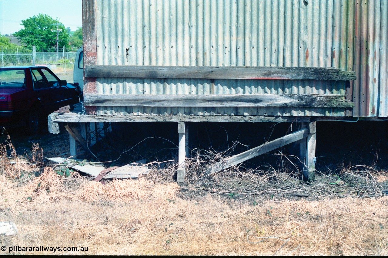 162-1-03
Healesville, detail view of goods shed, eastern wall, footing and stump arrangement.
